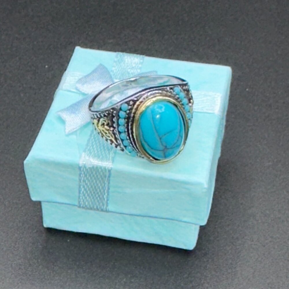 Turquoise Ring Gold and Silver Tone Unisex Size 9-11 - Picture 8 of 16